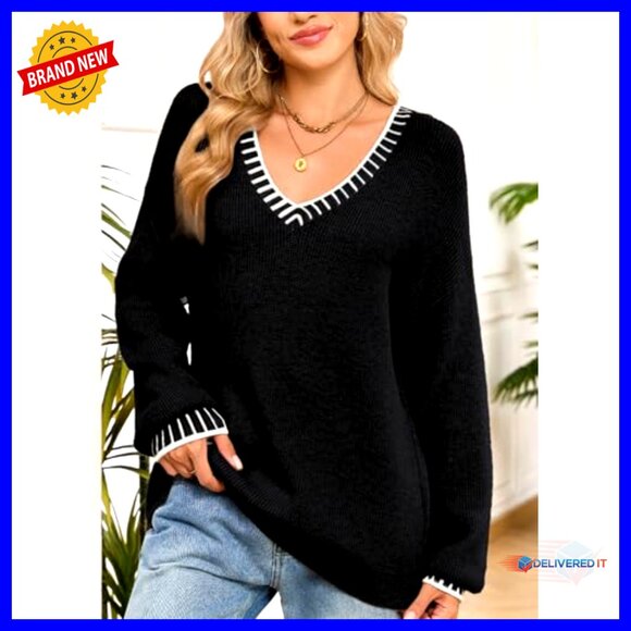 V Neck Pullover Sweater Chunky Knit Loose Fit Casual Elegant Fall Winter Tops - Picture 3 of 7